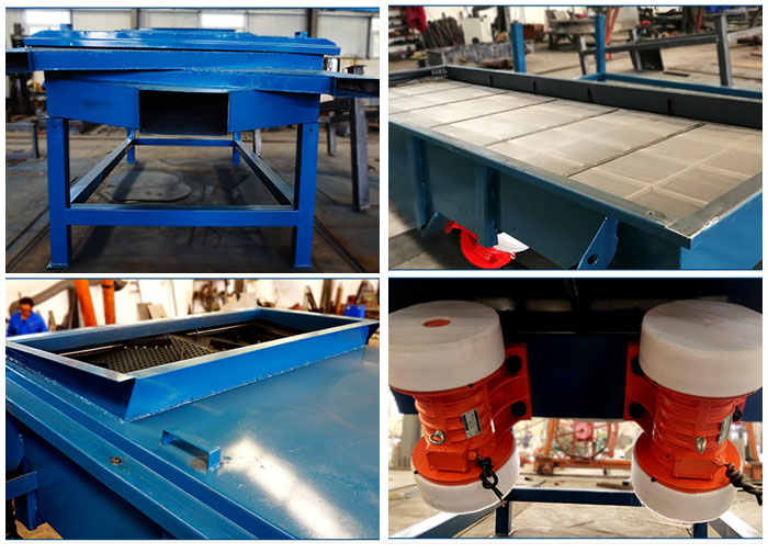 方形振動篩出料口，篩網和網架，進料口，振動電機等細節展示。