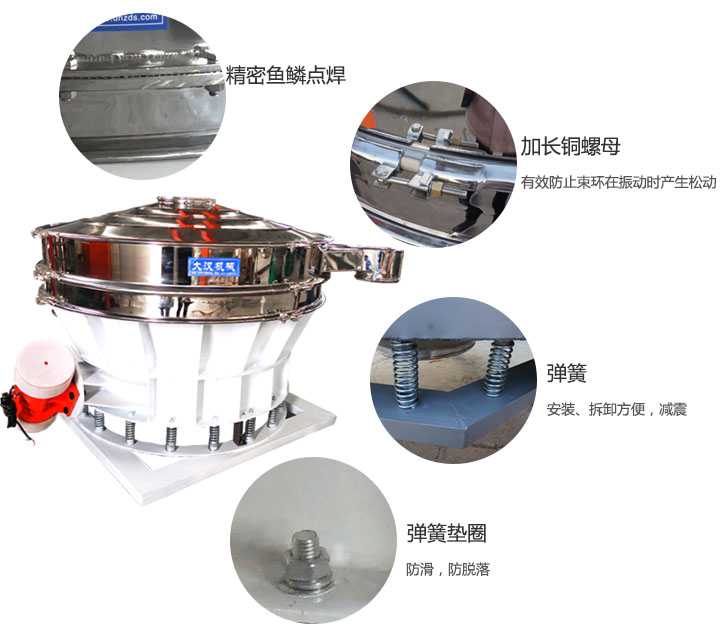 1500直排篩細節展示：彈簧，彈簧墊圈，加長銅螺母。