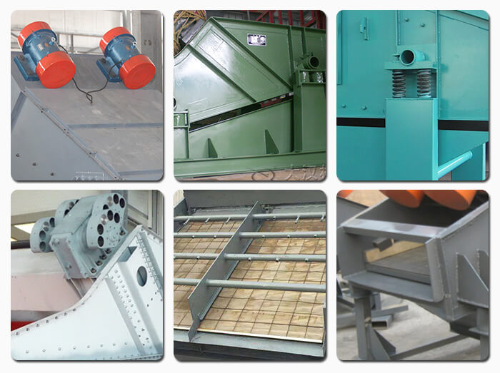 礦用振動篩主要由激振器、篩體、篩網、減振裝置及座架等組成。篩箱由篩框、篩板、襯板等組成