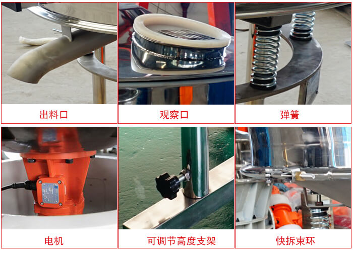 高頻篩細(xì)節(jié)展示：出料口，觀察口，彈簧，電機(jī)，可調(diào)節(jié)高度支架，快拆束環(huán)。